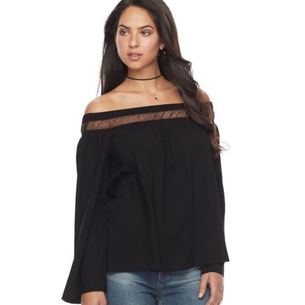 Rock & Republic Off-The-Shoulder Mesh Top Black Womens Size XS Bell Sleeve Boho
